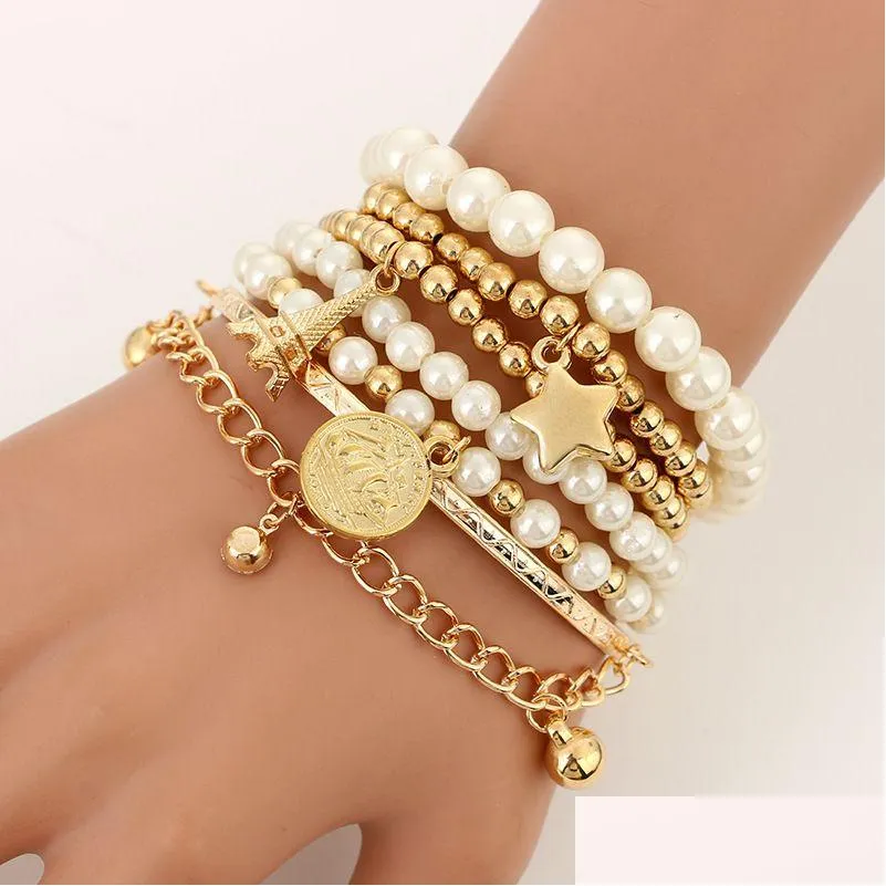 Chain 6Pcs Fashion Gold Color Link Pearl Beads Bracelet Star Mtilayer Beaded Bracelets Set For Women Charm Party Jewelry Gift 5483 D Dhlzt