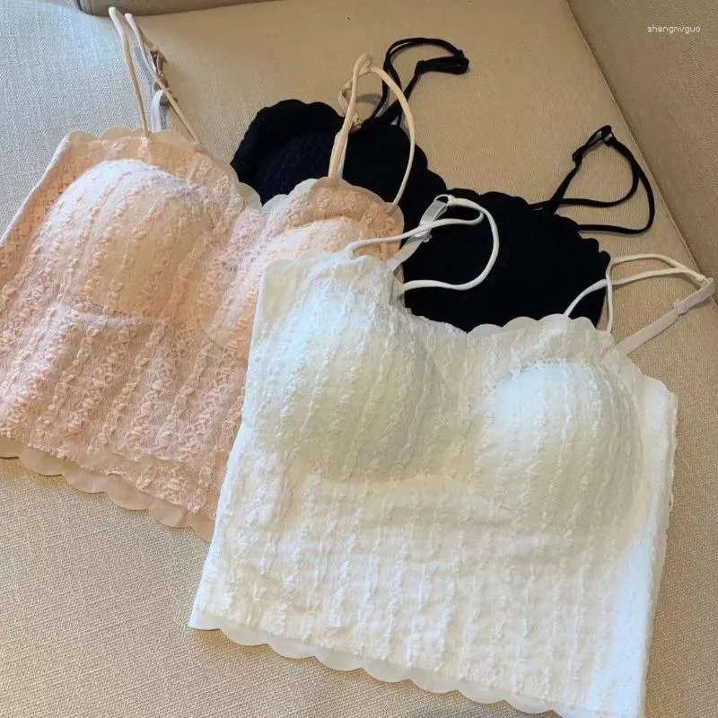 Women's Tanks Lace Jacquard Strap Breast Cushion Ice Traceless Wrap Beauty Back Camisole Small Cool Versatile Top Summer