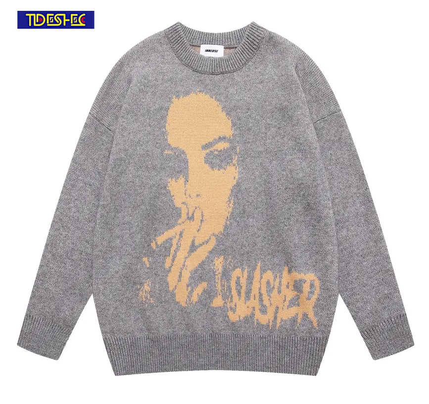 Men's Sweaters Hip Hop Streetwear Loose Sweater Men Knitted Gothic Pullover Harajuku Frayed Portrait Smoking Print 230815