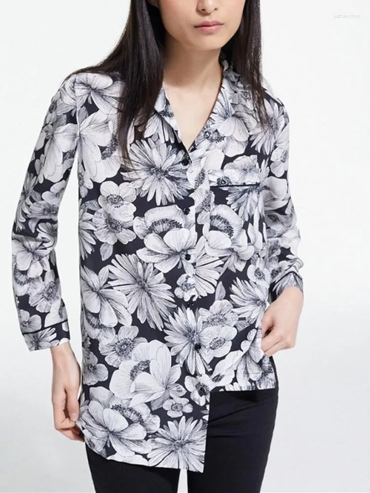 Blusas femininas estampas florais femininas entalhadas na blusa de seda romance retrô de manga comprida fêmea single tresped camisa no início da primavera 2023