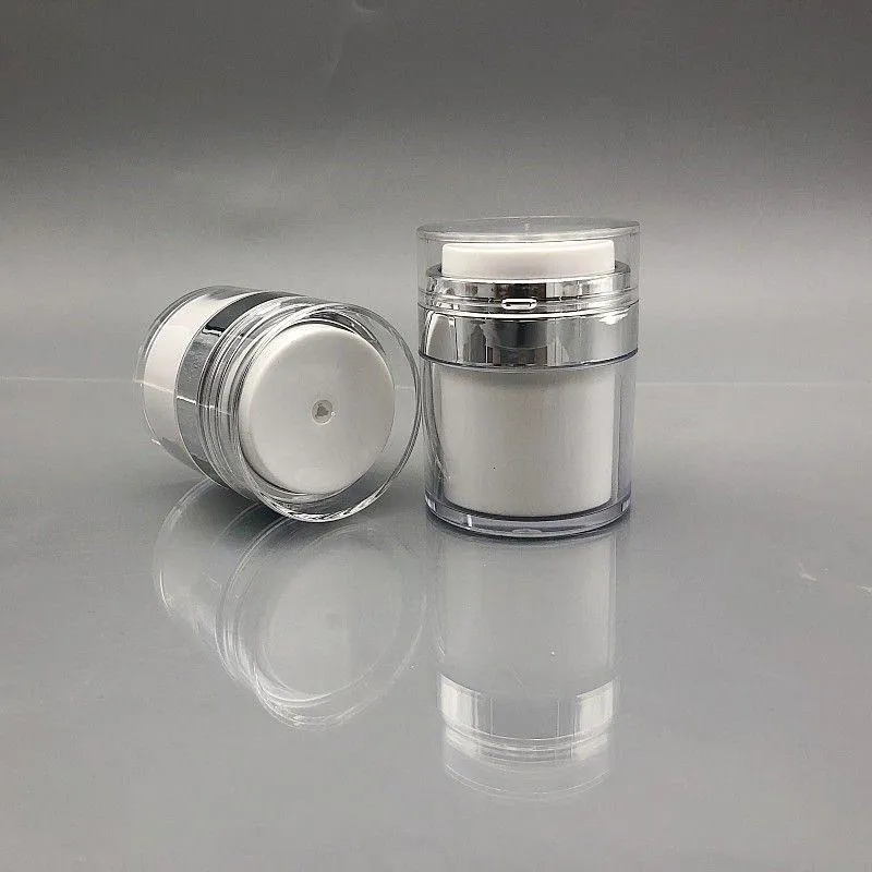 15 30 50G White Acrylic Airless Pump Container 05 1 17 Oz Round Vacuum Pump Refillable Jar Cosmetic Eye Cream Lotion Packing Pump Bot Cxll