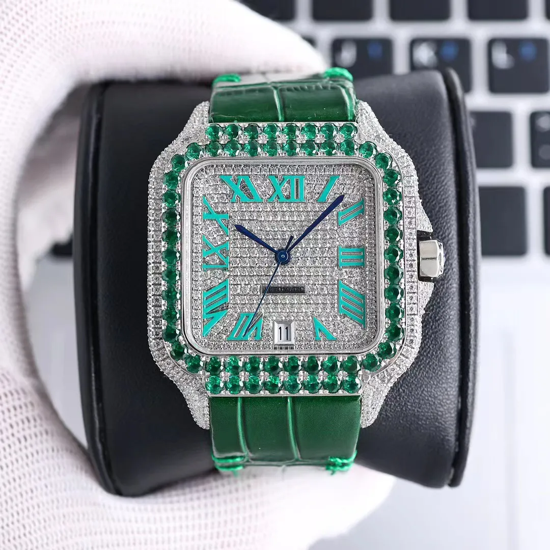 TWF tw0009 M8215 Automatic Mens Watch 40MM Green Iced Out Big Diamond Bezel Paved Diamonds Dial Markers Leather Strap Super Edition eternity Watches