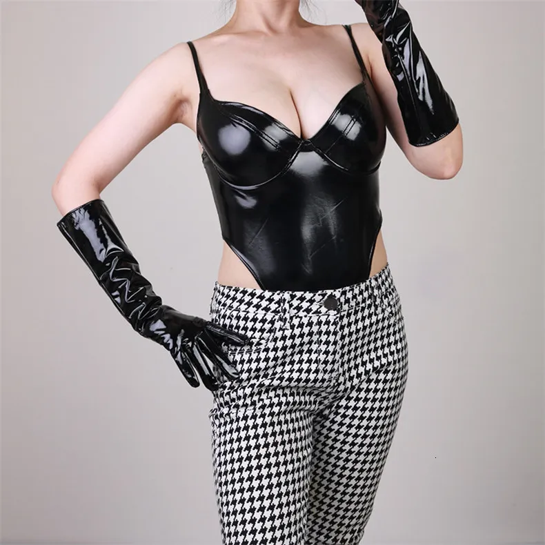 YONGHS Womens Long Latex Opera Gloves Patent Leather Wet Look Arm Length Gloves for Evening Dress Black Small