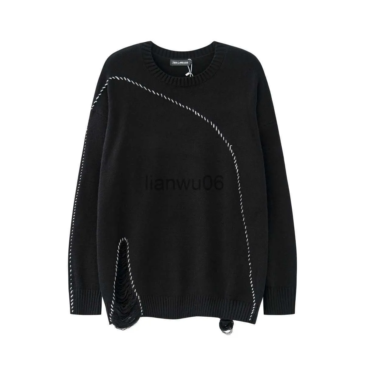 Men's Sweaters Solid Color White Black Thread Lace Up Front Split Hole Ripped Men's Sweater Crew Neck Retro Streetwear Oversized Loose Sweater J230806