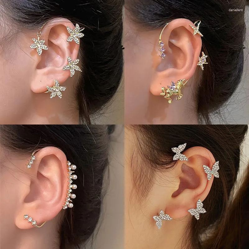 Sırtlar Küpe 1 Pair Metal Kelebek Kulak Klipleri Kadınlar için Sahte Piercing Asma Küpe Kore Köplü Zirkon Kulaklık Mücevher