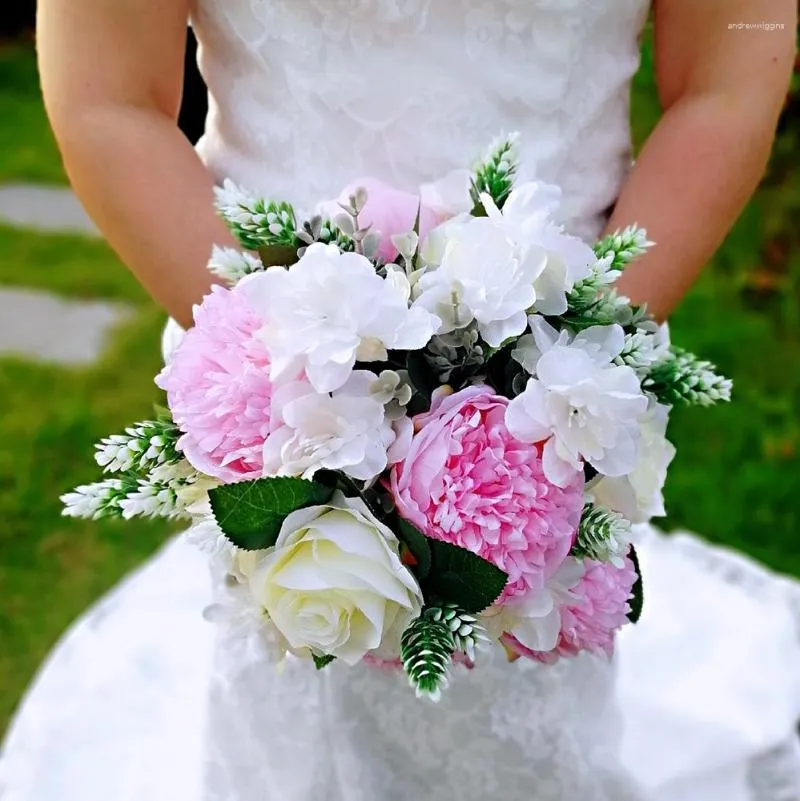 Przyjazd kwiatów ślubnych Pink Poney z różami z kości słoniowej Druhna Bukiet Bruidsboeket da sposa
