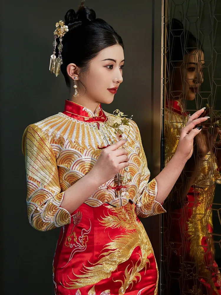 slim fit dress slacks Dragon & Phoenix Pattern Knee Length Brocade Cheongsam Evening Dress Blue / L main image 0