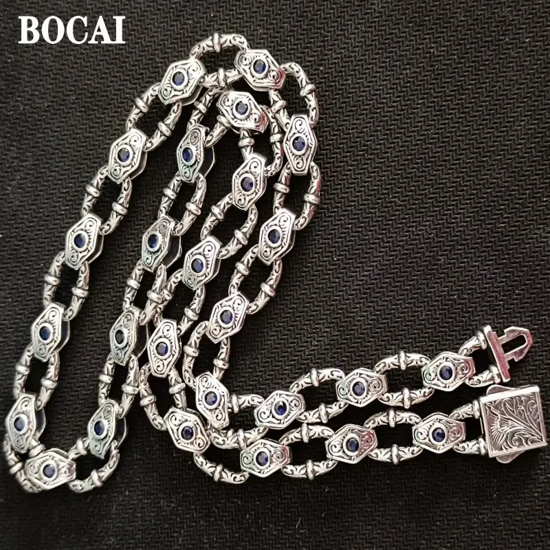 Pendant Necklaces BOCAI S925 Sterling Silver Necklace for Men Women 2023 Fashion Eternal Vine Flat Horseshoe chain Blue Zircon Argentum Jewelry 230816