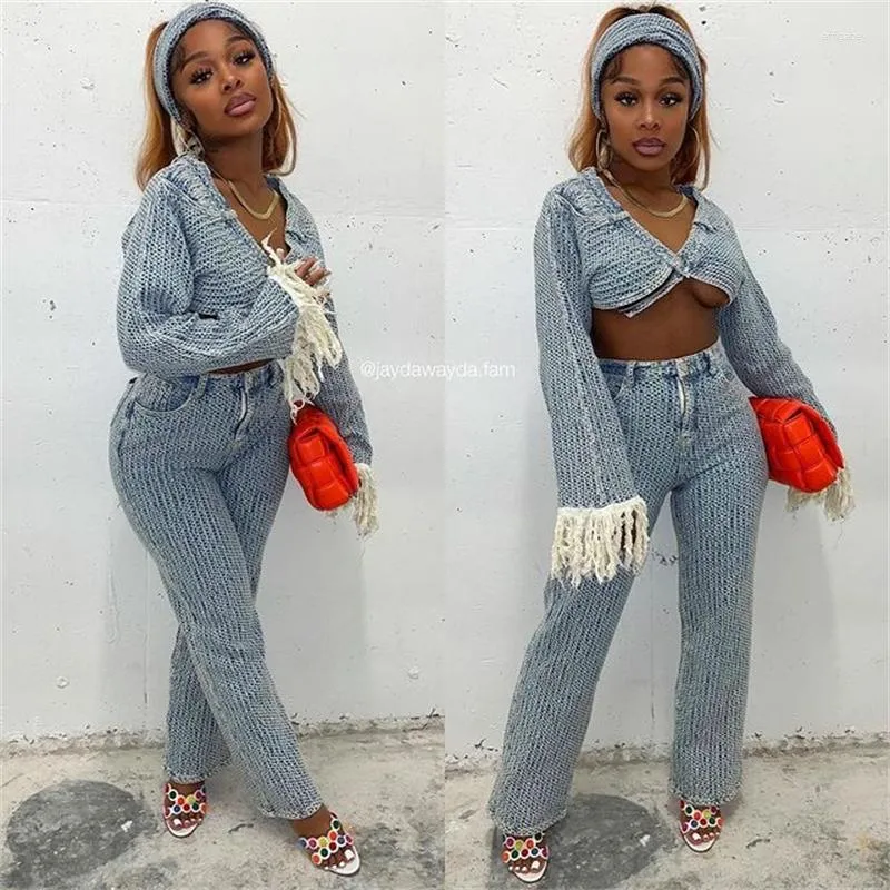 Autumn Winter Womens Wide Leg Jeans Outfit Set With Headscarf, Tassel Long  Sleeves, Wide Leg Crop Top, And Fashionable Denim Pants From Affgatey,  $48.83