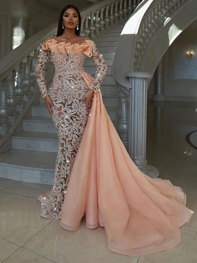 Glitter Lace Evening Dresses With Detachable Train Customize Off Shoulder Pearls Prom Dresses Arabic Dubai Party Gowns