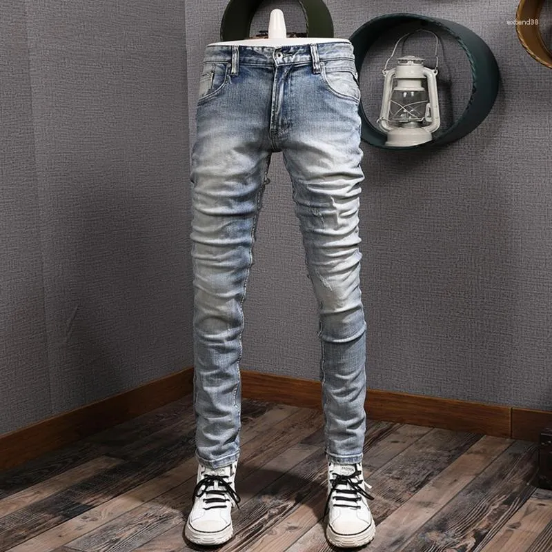 Men's Jeans Fashion Trendy Men Retro Blue Plain Washed Elastic Slim Fit Ripped Trousers Vintage Designer Denim Pants Hombre