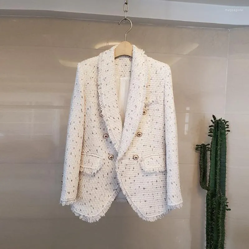 Kvinnors västar vår och höst liten doft tweed professionell suitdouble bröstmedium längd tofs gräns prick knitingcoat kvinnor