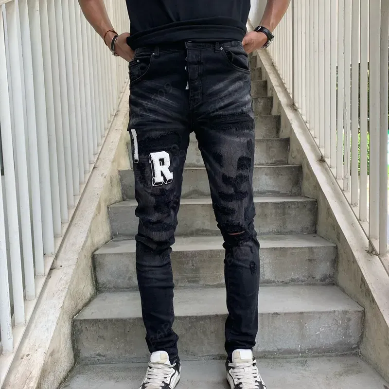 Męskie dżinsy Designer w trudnej sytuacji rozryte chude kowbojskie pres presy puple dżinsy odrodzenia rocka Proste Slim Elastic Denim Fit Panto Streetwear 824117549