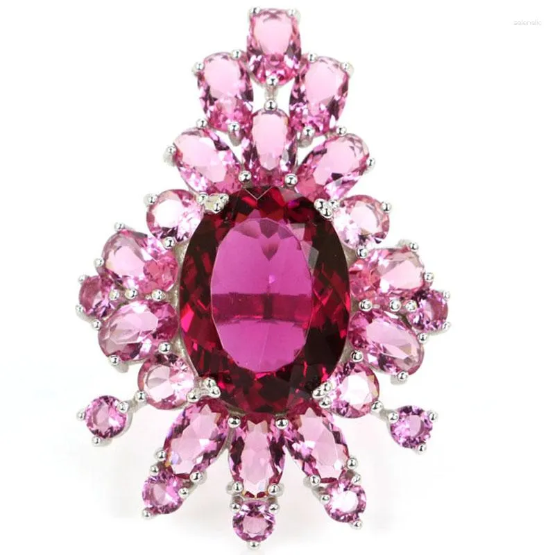 Pierścienie klastra 38x26mm duży rozmiar 8.4 g Stworzony różowy morgites Tourmaline Bride zaręczyny 925 Solid Srebrny Pierścień Przyciąganie wzroku