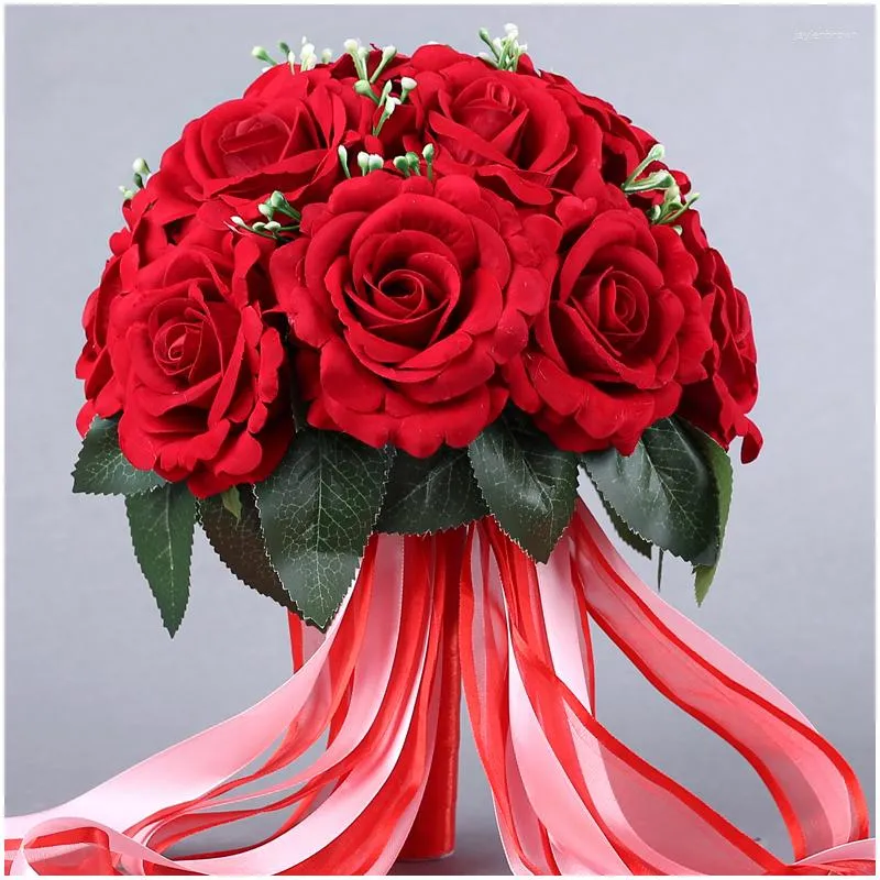 Bröllopsblommor Brudbukett Flower Chinese Red Creative Bridesmaid Hand med bandrekvisita 15 PCS Rose