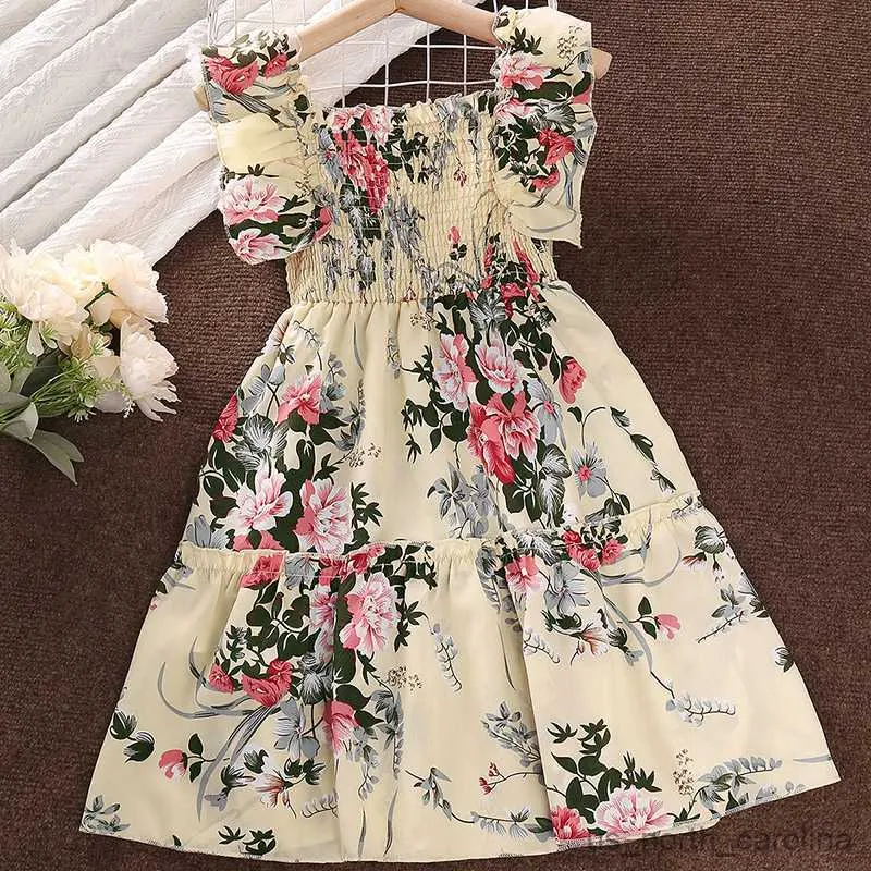 Girl's Dresses Summer Girl's Long Skirt Polyester Square Collar Suspender Sleeveless Play Smocking A-line Print Dress Pleated Comfortable R230816