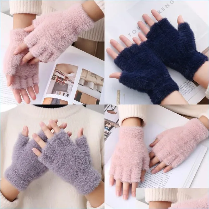 Fingerless Gloves Fashion Lady Glove Pure Color Autumn Winter Stay Warm Half Finger Mitt Thickening Anti Cold Womens Expose Fingers 7 Dhdks