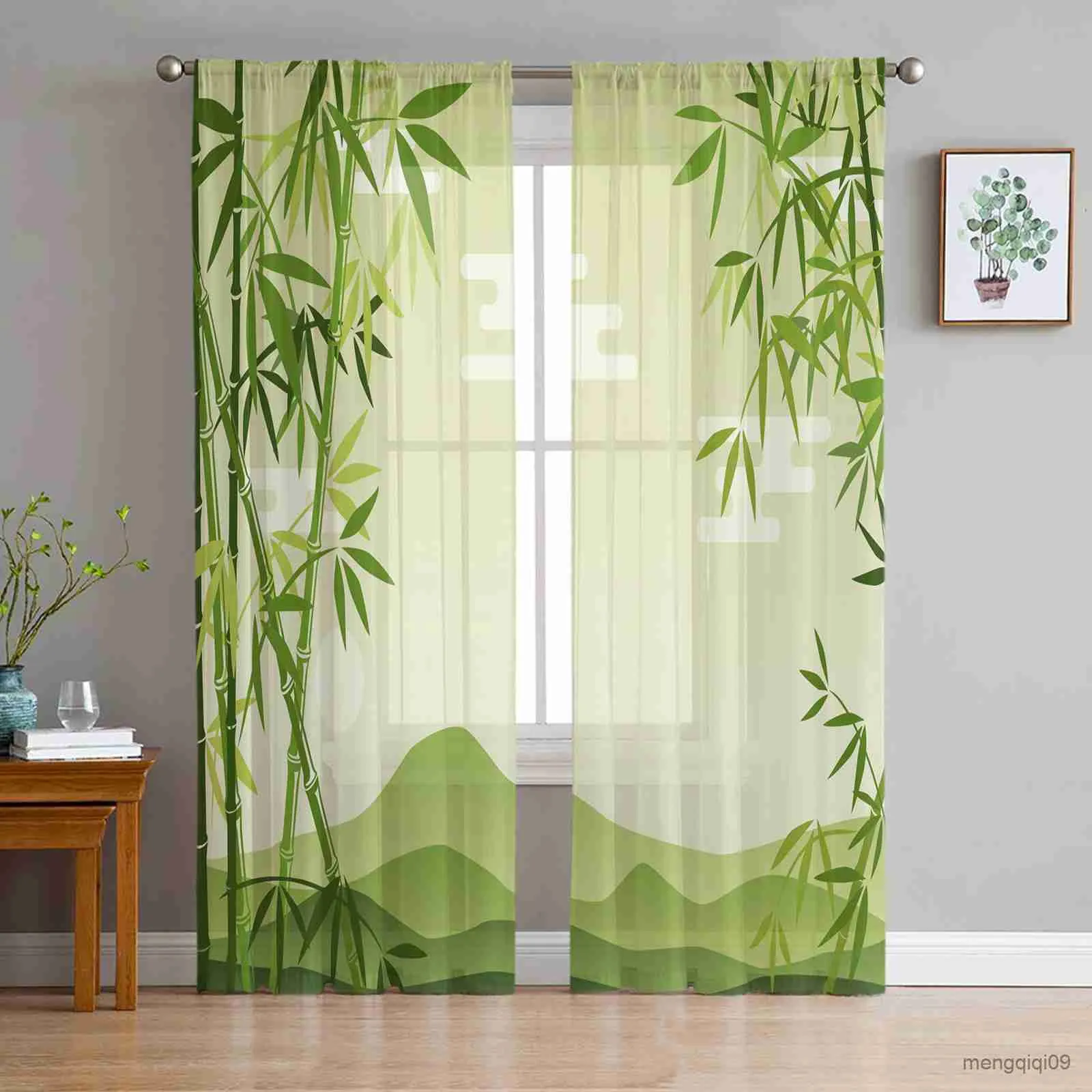 Zasłony Bamboo Green Plant Tiul Curtains for Living Room Dekoracja Szyfonowa Sheer Kitchen Window Drape R230816