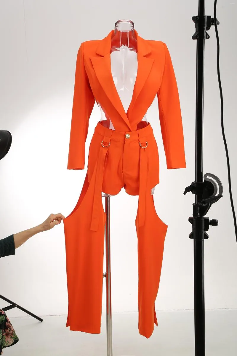 Tweedelige broek voor dames 2023 Fashion Women passen oranje lange mouw kraag zomerse herfstjurk 3 stks set holle out casual jas
