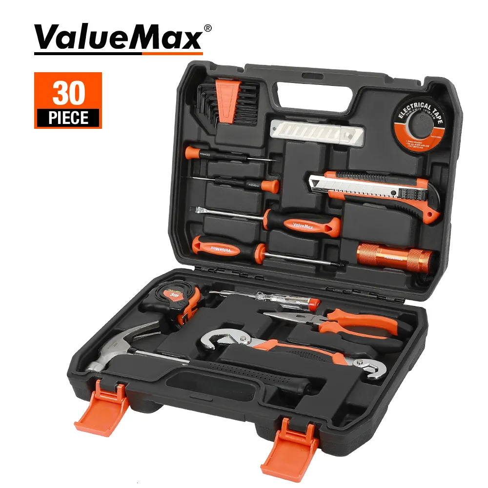 Dekorativa objekt Figurer Valuemax 8pc 30pc Hemverktygsset för reparation av hushållssatser med skruvmejslingstång Hammer Utility Knife Box 230816