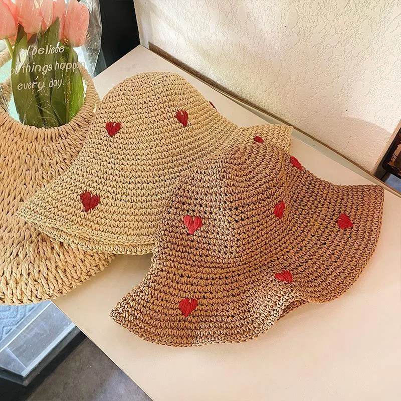 Wide Brim Hats Bucket Hats RH Women's Vacation Leisure Red Love Crochet Handmade Straw Hat Breathable Panama Paper Grass Summer Bucket Sun Hat 230816