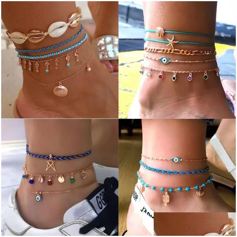 Identifiering Bohemian Gold Shell Evil Eye Charms Armband Summer Beach Mti Layer Anklets smycken för kvinnor Gilrs Drop Delivery Dhacr