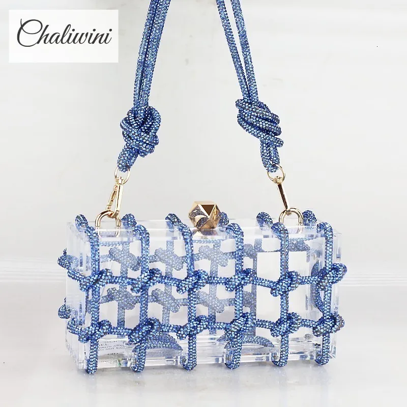 Kvällspåsar Chaliwini Diamond Clear Acrylic Box Evening Clutch Bags Women Boutique Woven Knutt Rope Purses Handbags Wedding 230815