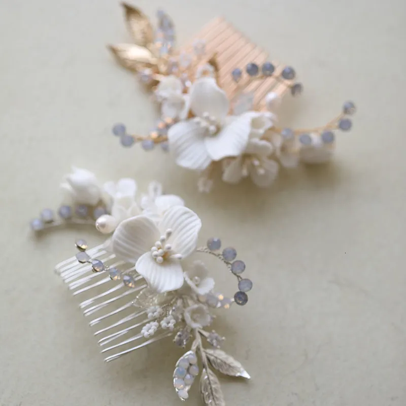 Wedding Hair Jewelry Small Bridal Comb Ceramic Floral Piece Gold Silver Color Leaf Women Headpiece 230815