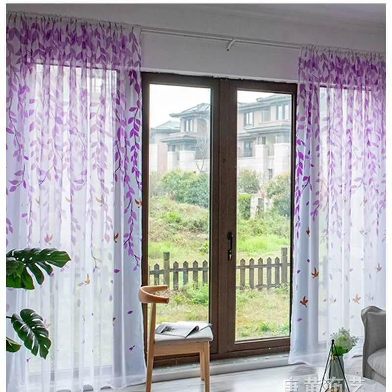 Rideau 100 * 200 cm Imprimé Feuille De Saule Tulle Écrans De Fenêtre Sheer Voile Rideaux De Porte Drapé Panneau Écharpe Assortis Rideaux De Style Européen