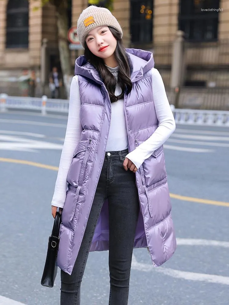 Women's Vests Glossy Long Winter Solid Hooded Zipper Thick Ladies Casual Sleeveless Jacket Pockets Puffer Vest For Female
