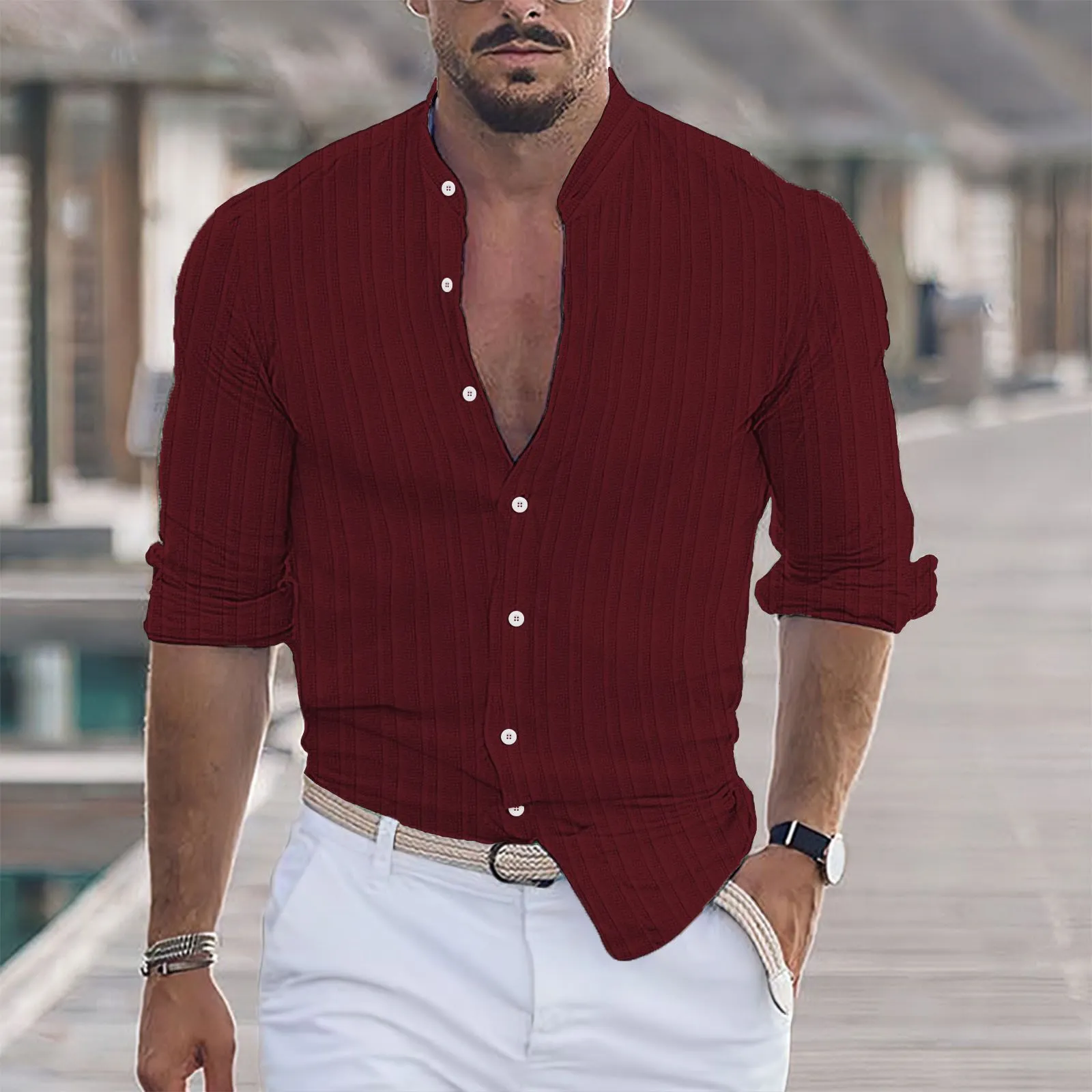 Camisa De Manga Larga Con Botones Y Botones En La Parte Delantera Para Niños, Color Rojo Y Negro, Talla S 4, Rojo