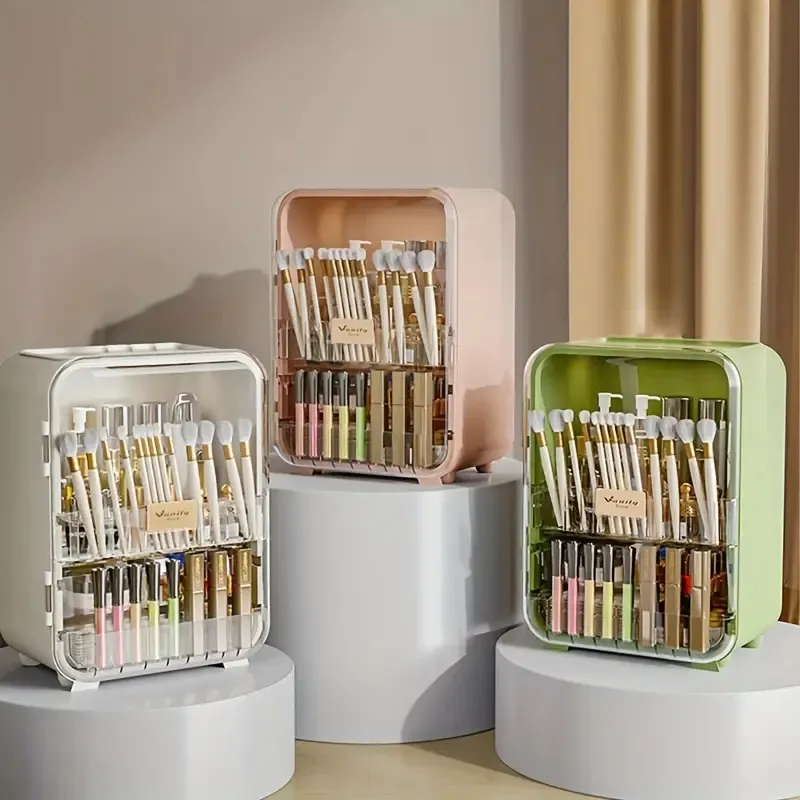 Boîte de rangement cosmétique anti-poussière 1pc - Organisateur de pinceaux de maquillage et de produits de soin de la peau de grande capacité avec écran de bureau