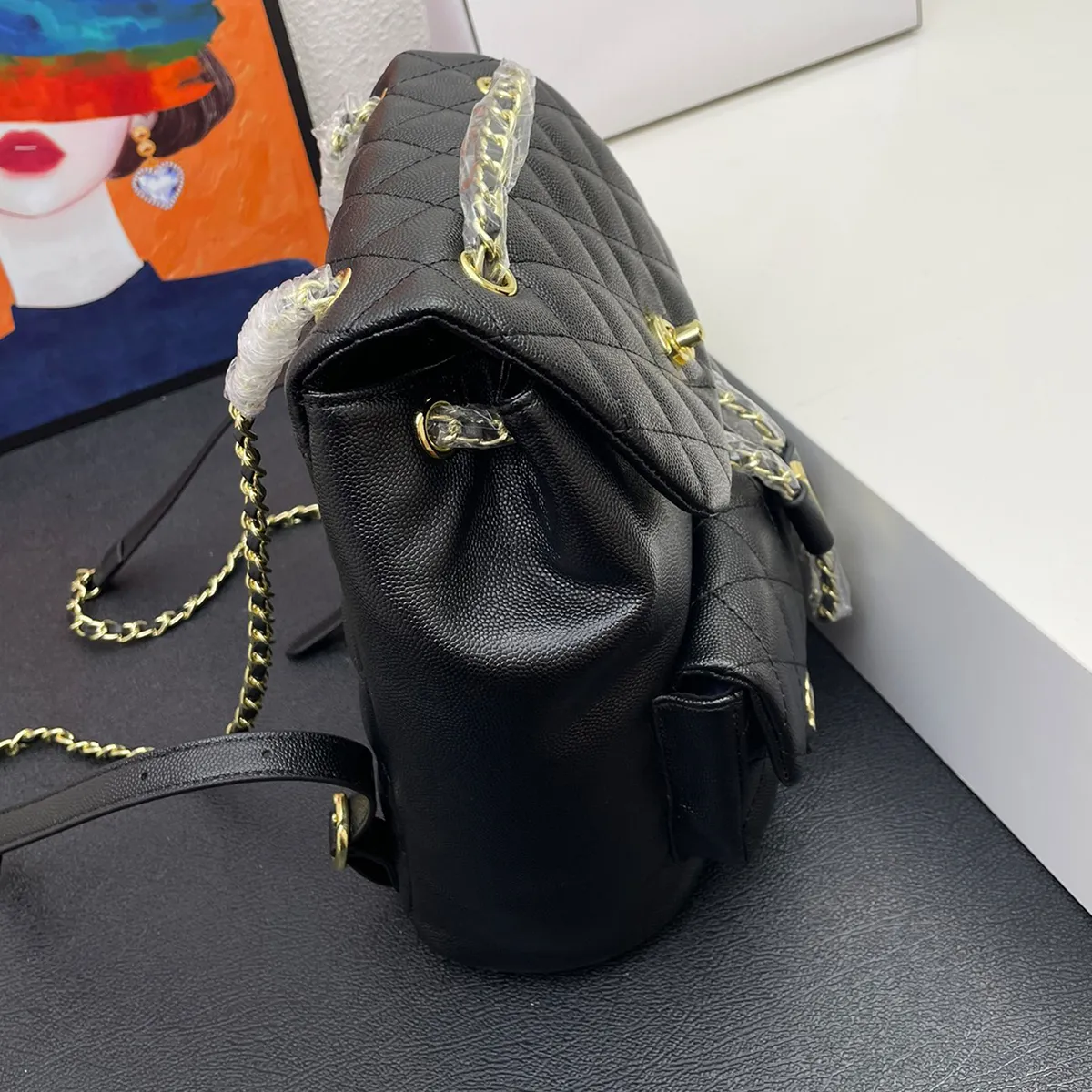 Women s Leather Backpack Gold Chain Shoulder Strap Clamshell School Bag Classic Double Shoulder Bag Caviar Cowhide One Shoulder Bag 23P