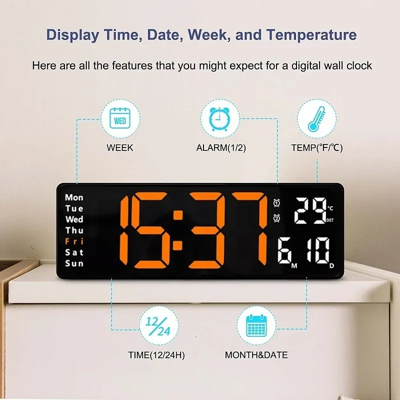 Comprar Reloj digital extra grande de decoración de escritorio de pared LED  con temperatura de calendario 12/24 h