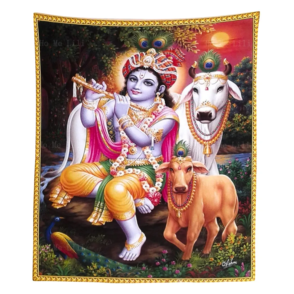 Colorful Lord Krishna And Radha Cow Calf Krishna Tapestry Rare