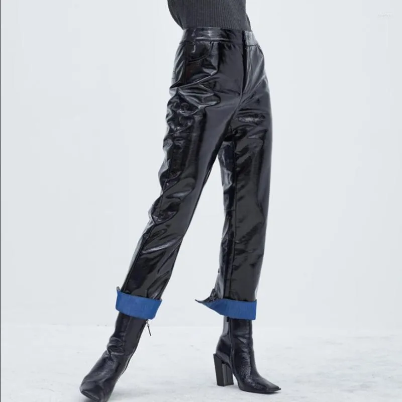 女性パンツファッションブランドパテントレザーPUスプリットエンド女性2023は薄いハイウエストレジャー光沢のあるストレートWQ308でした