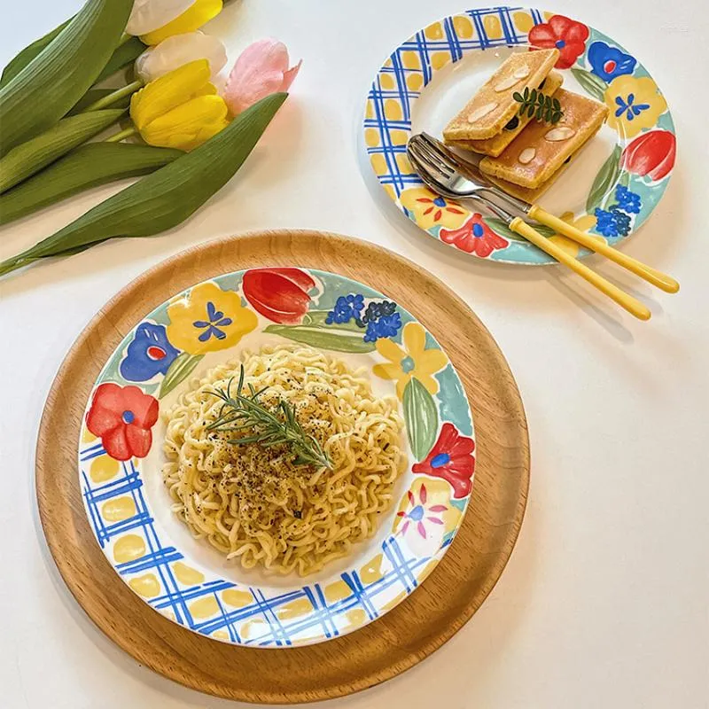 Tallrikar Vackra oljemålning Handmålade blommor pasta porslinskålar platt och djupplatta fruktdessert keramisk middag