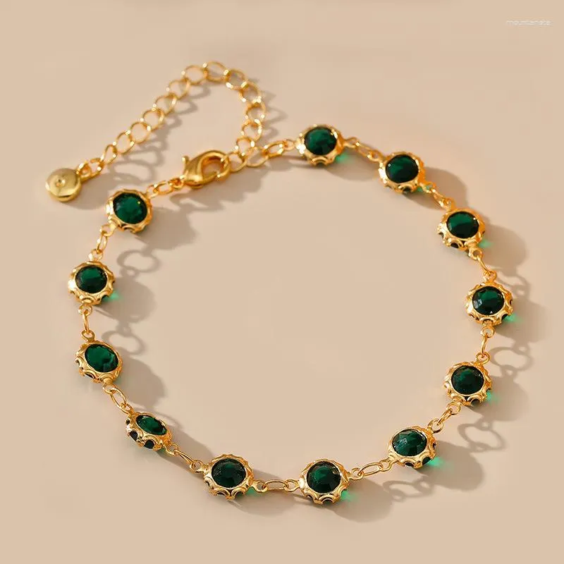 Braccialetti di collegamento 18k oro in oro intarsiato Bracciale zircone verde scuro per donne eleganti rotonde zirconia cubica catena di lunghezza regolabile