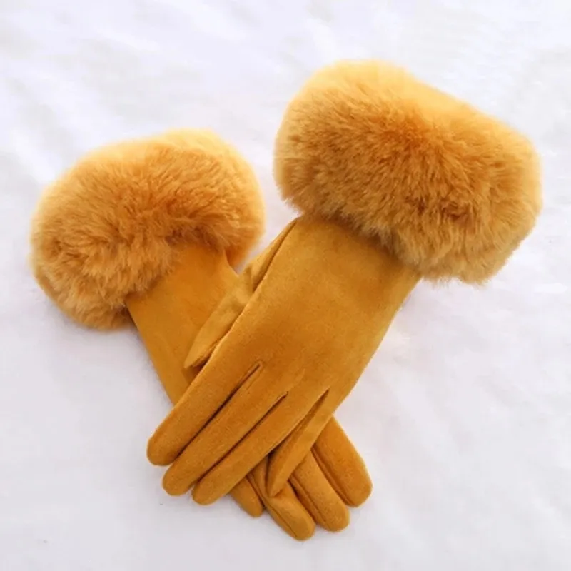 Five Fingers Gloves Women Faux Rabit Fur Wrist Suede Leather Touch Screen Driving Glove Winter Warm Plush Thick Full Finger Cycling Black Mitten H92 230816