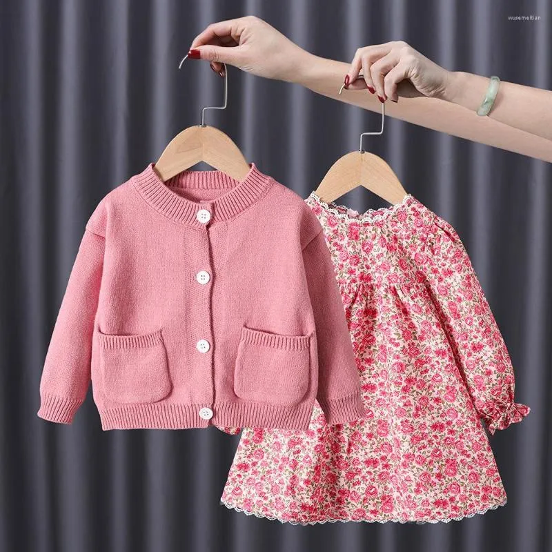 Zestawy odzieży Baby brzoskwini w proszku Swater Swatowa sukienka Suit Fashion Knitted Cardigan Kurtka Dziewczyny Zima Zima