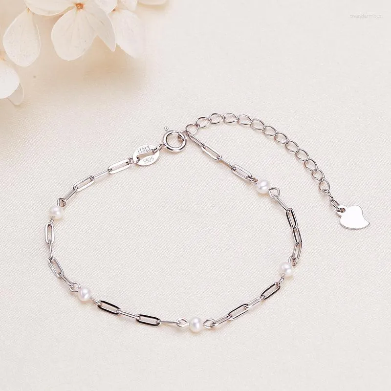 Pulseiras de link pulseira de pérolas de água doce para mulheres s925 prata plating platinum jóias de mão simples 3mm Girl 'Gift 2023 Trendência da moda