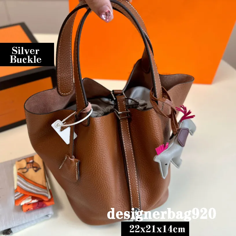 Bucket Shoulder Bag Popular Handbags Genuine Leather Branded Tote Bags Gold or Silver Buckle Thick Strap Ladies Bag Brands Shopping Travel Office Festival Beach