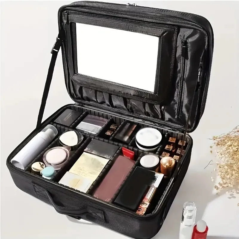 Custodia per il treno per il trucco da viaggio, custodia comistica portatile di grande capacità, borsa per l'organizzatore di trucco professionale con divisori regolabili, specchio per il trucco,