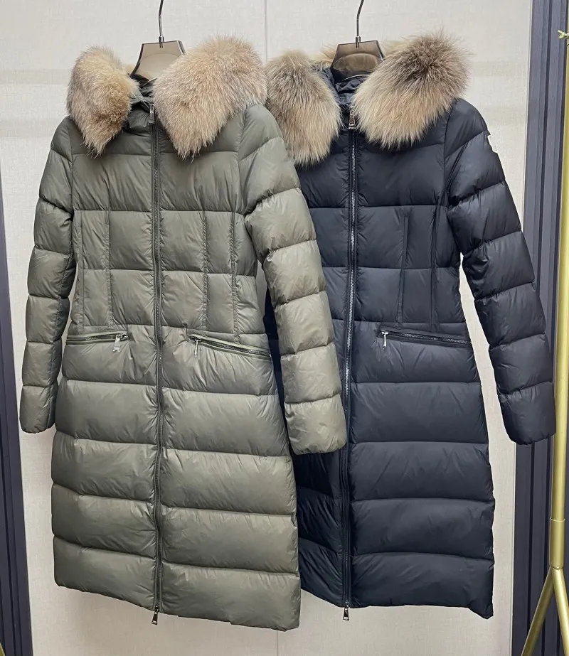 Designer de jaqueta feminina Jaquetas de inverno Casacos longos colares de cabelo de guaxinim reais parkas de moda quente com cinto de algodão casaco de algodão.