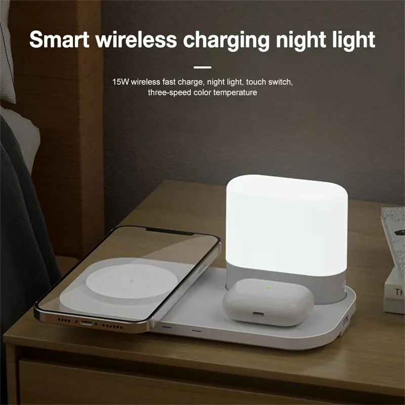 15W Wireless Charger met lamp Night Light snelle inductie oplaadstandaard voor iPhone 15 14 13 Pro Max AirPods Samsung Xiaomi met Pacakge Box