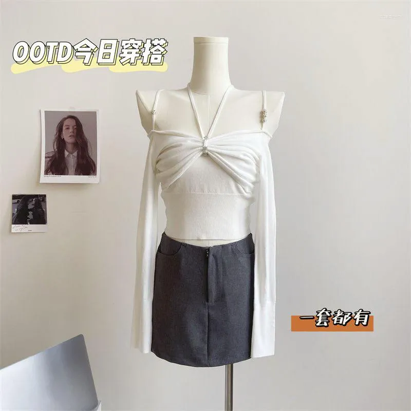 Kvinnors tröjor lång ärm utanför axeln fast färg y2k hals hängande tröja koreansk avslappnad parti pullover