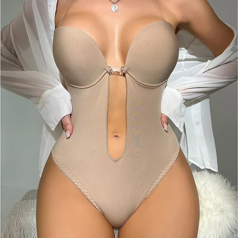 Midja mage shaper försäljning kvinnor stropplösa rygglösa bodysuit shapewear djupa v-hals kropp shaper u kasta thong bustier korsett för bröllop sex underkläder 230815