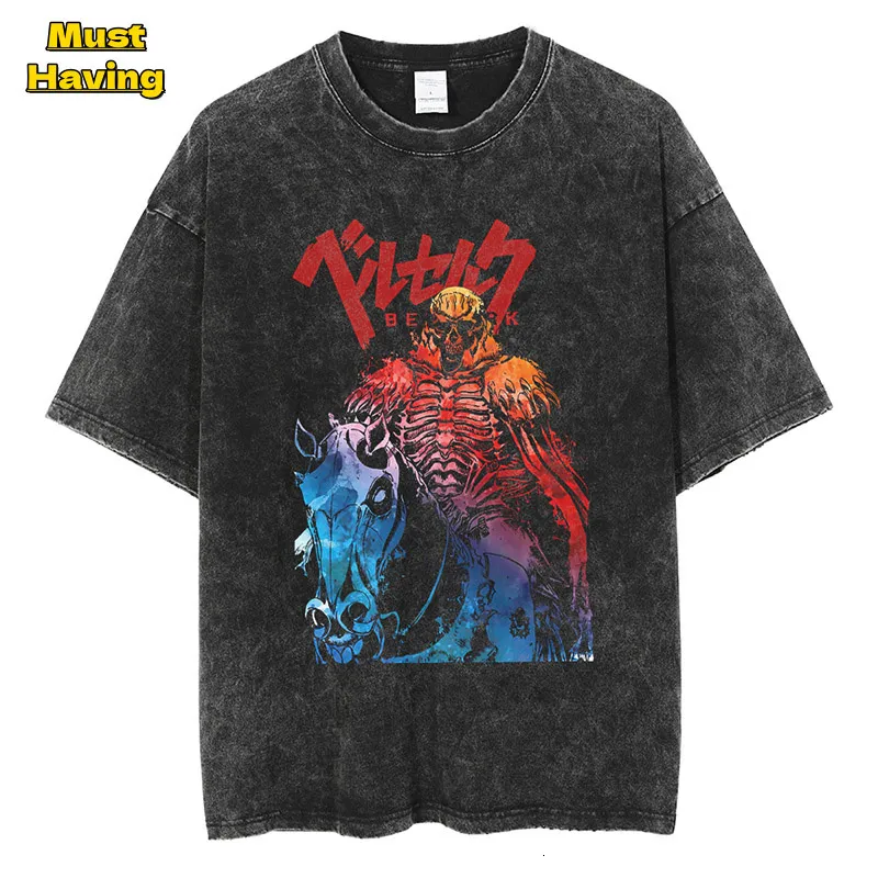 T-shirt maschile anime t-shirt grafico berserk per uomini tap di cotone a lavaggio nero vintage maglietta di grandi dimensioni harajuku abiti da streetwear gothic 230815