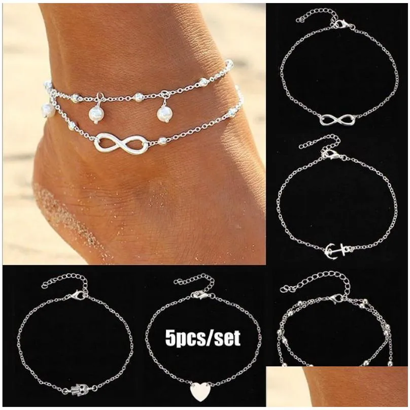 Anklets 5 PCS/SET SIRE GOLD BEACH BRACELET HAMSA HAND INFINITY LOVE HEART ANKLET SUMMERホリデーフットチェーンジュエリーセットドロップ配信