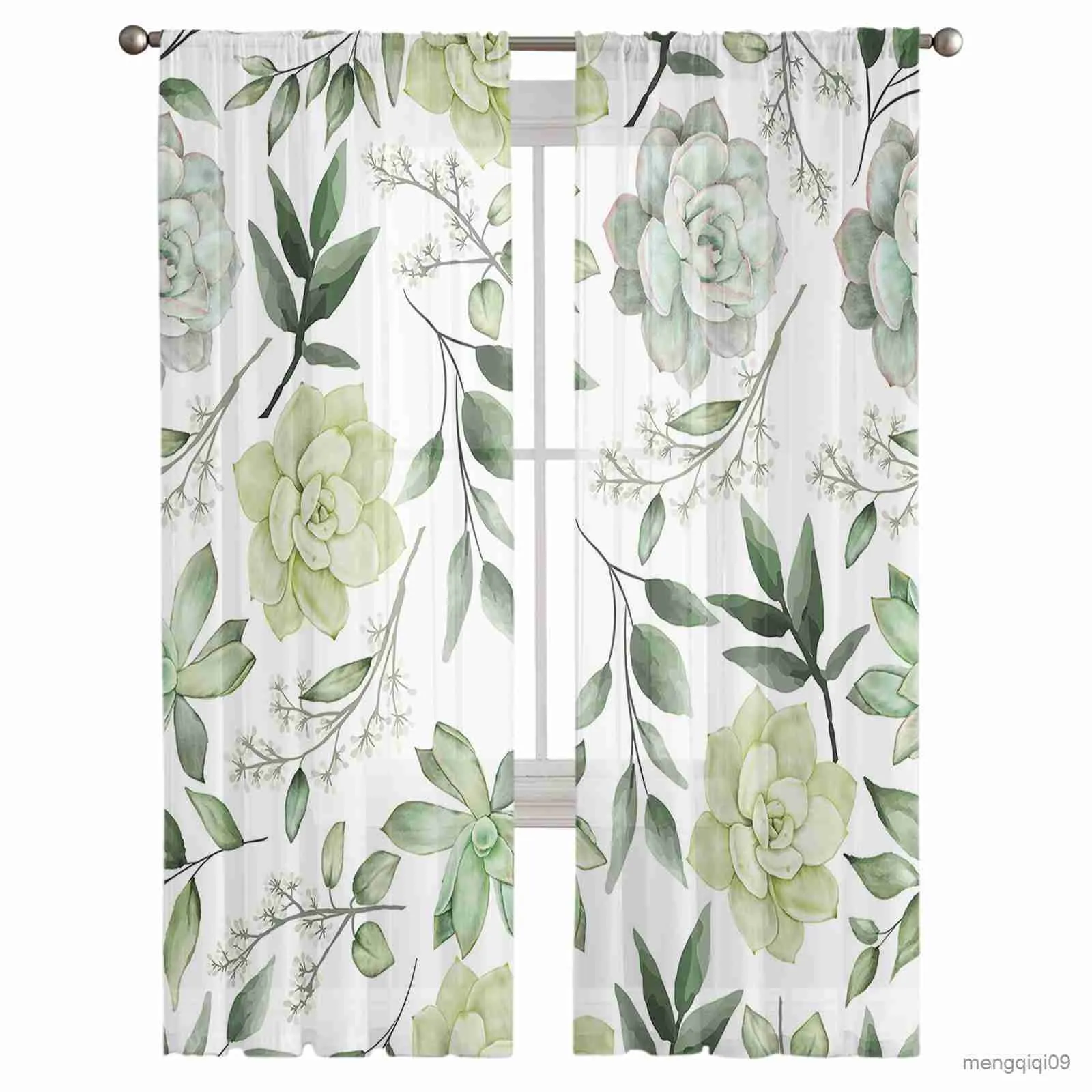 Gardinblad Succulents Tile Tulle Sheer Curtain för vardagsrum vuxna barn sovrum draperar köksdekor gardiner